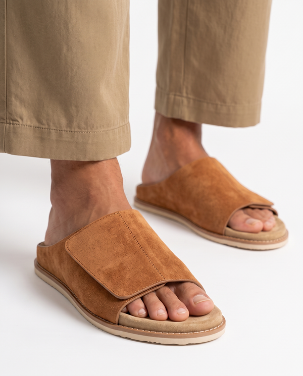 THE FORMENTERA SUEDE SLIDES — BROWN